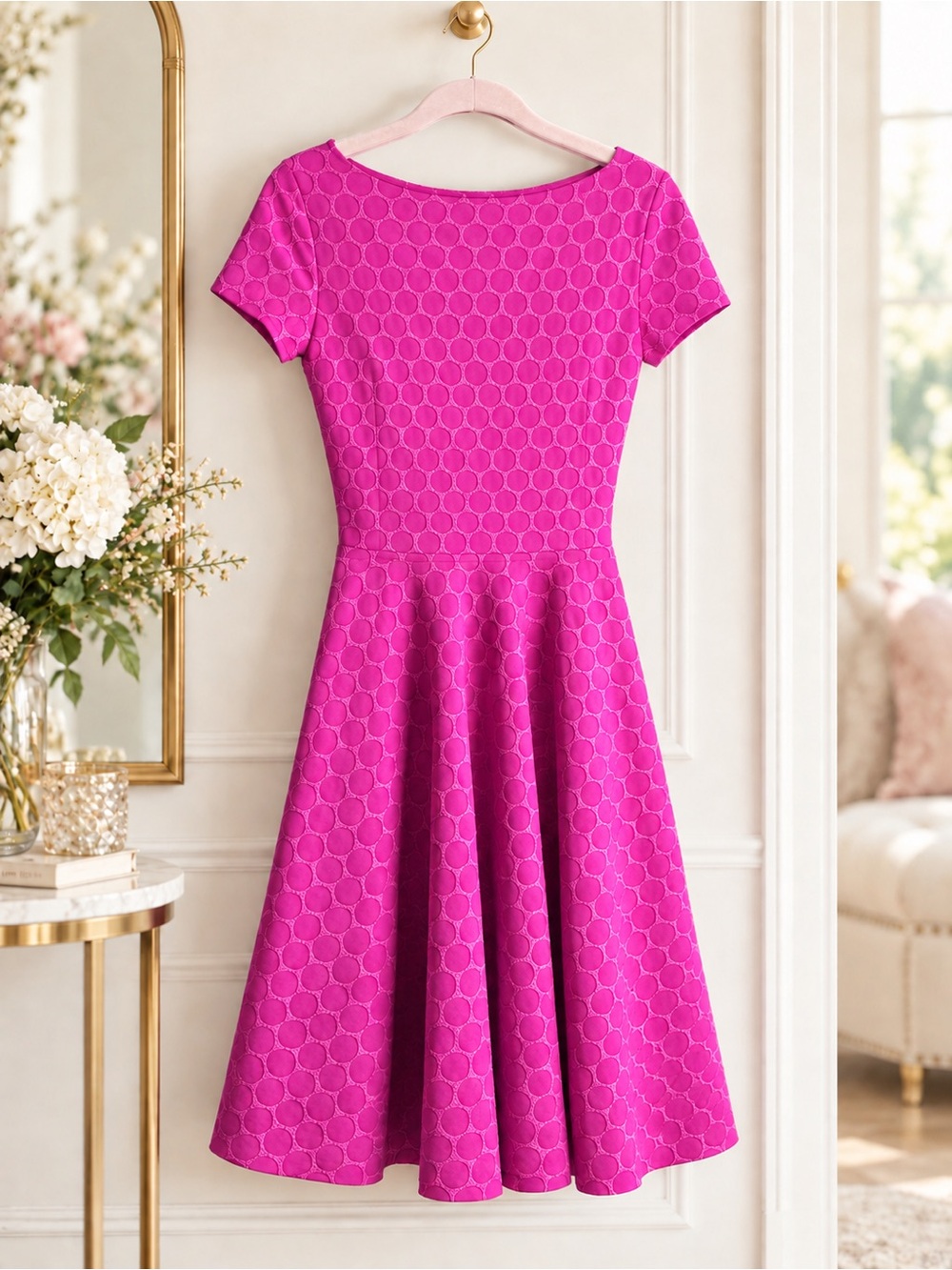 Leota Pink Textured Circle Print Fit & Flare Midi Dress Small Made in USA